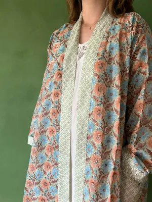 Block Print Cotton Robe, Duck Egg