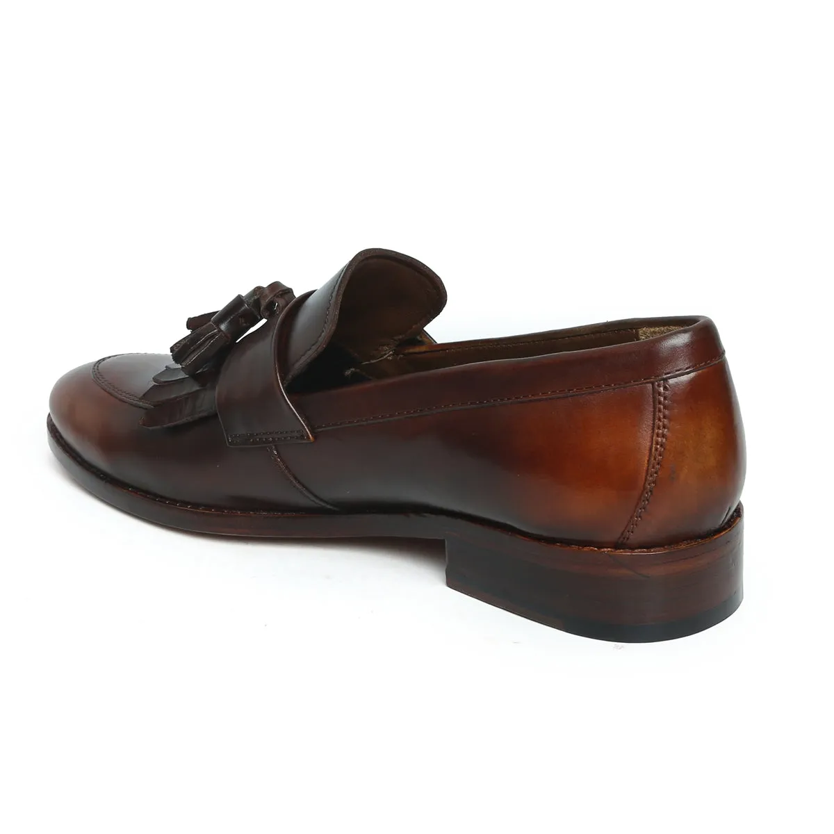 Burnished Finish Brown Leather Fringes Penny Slip-Ons with Tassel by Brune & Bareskin