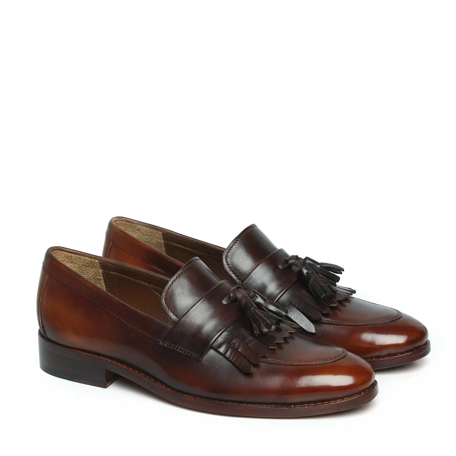 Burnished Finish Brown Leather Fringes Penny Slip-Ons with Tassel by Brune & Bareskin