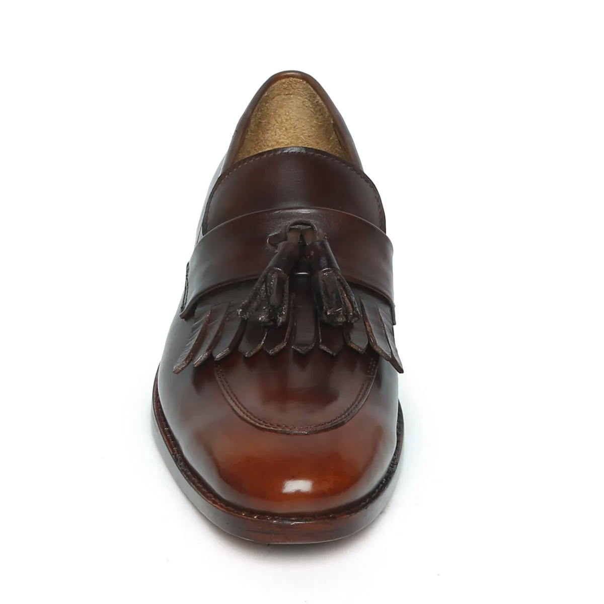 Burnished Finish Brown Leather Fringes Penny Slip-Ons with Tassel by Brune & Bareskin