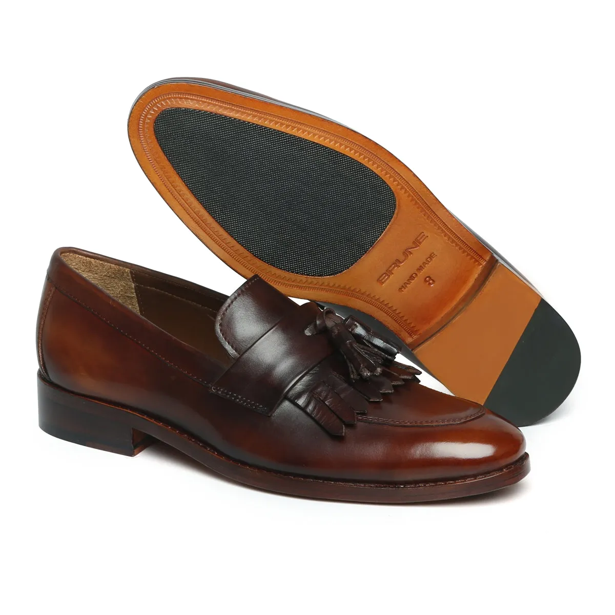 Burnished Finish Brown Leather Fringes Penny Slip-Ons with Tassel by Brune & Bareskin