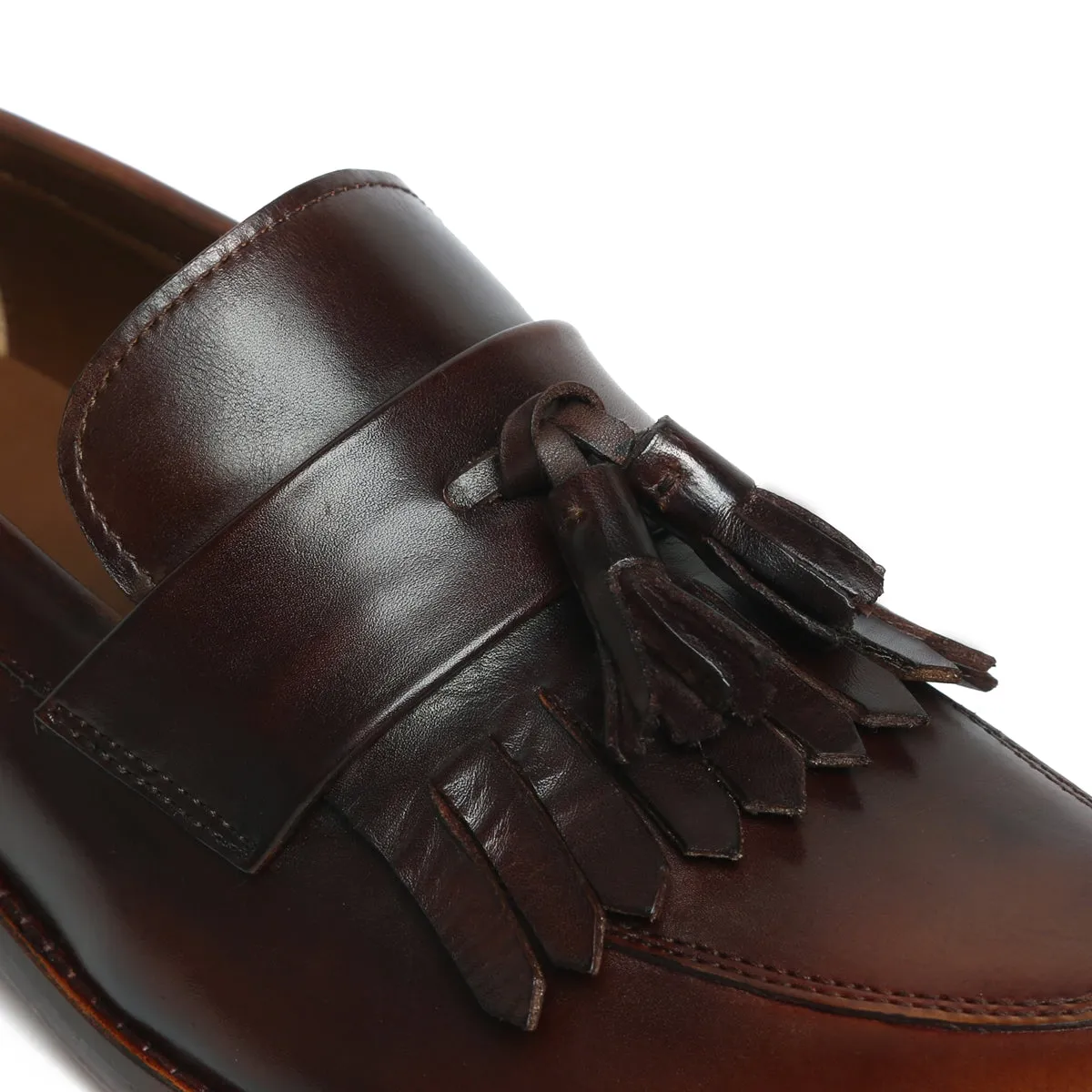 Burnished Finish Brown Leather Fringes Penny Slip-Ons with Tassel by Brune & Bareskin