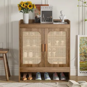 cozy Shoe Storage Cabinet for Entryway, Rattan Shoe Rack Storage Organizer, Shoe Closet with Doors