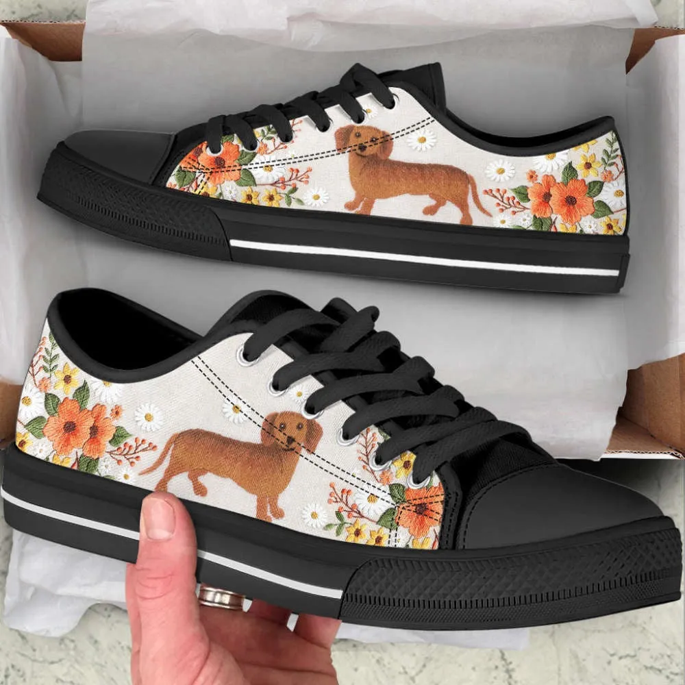 Dachshund Dog Embroidery Floral Low Top Shoes Canvas Sneakers, Dog Printed Shoes, Canvas Shoes For Men, Women