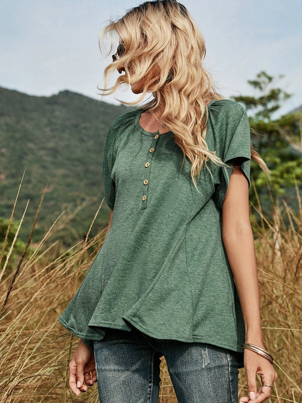 Half Button Front Flowy Tee