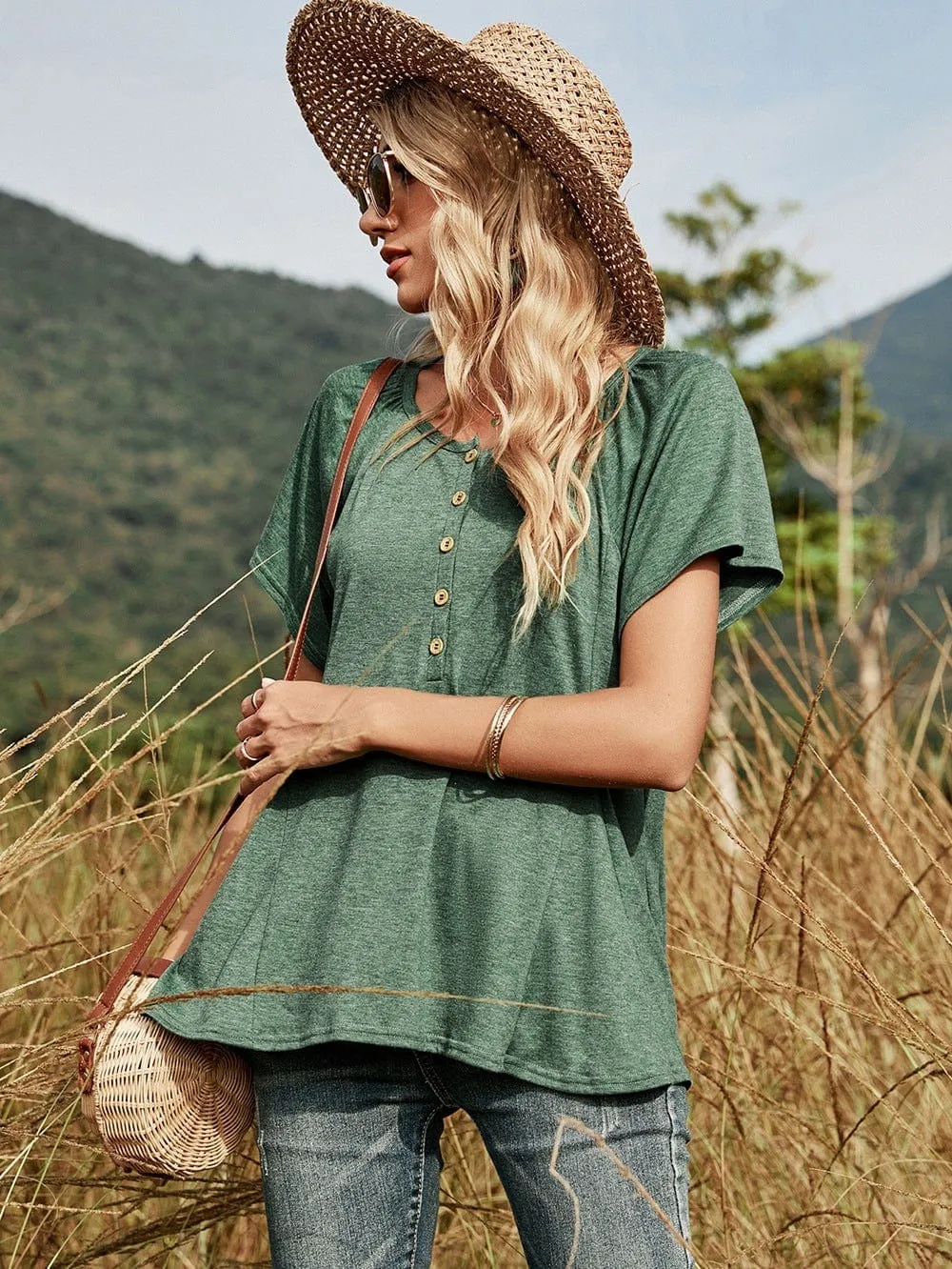 Half Button Front Flowy Tee