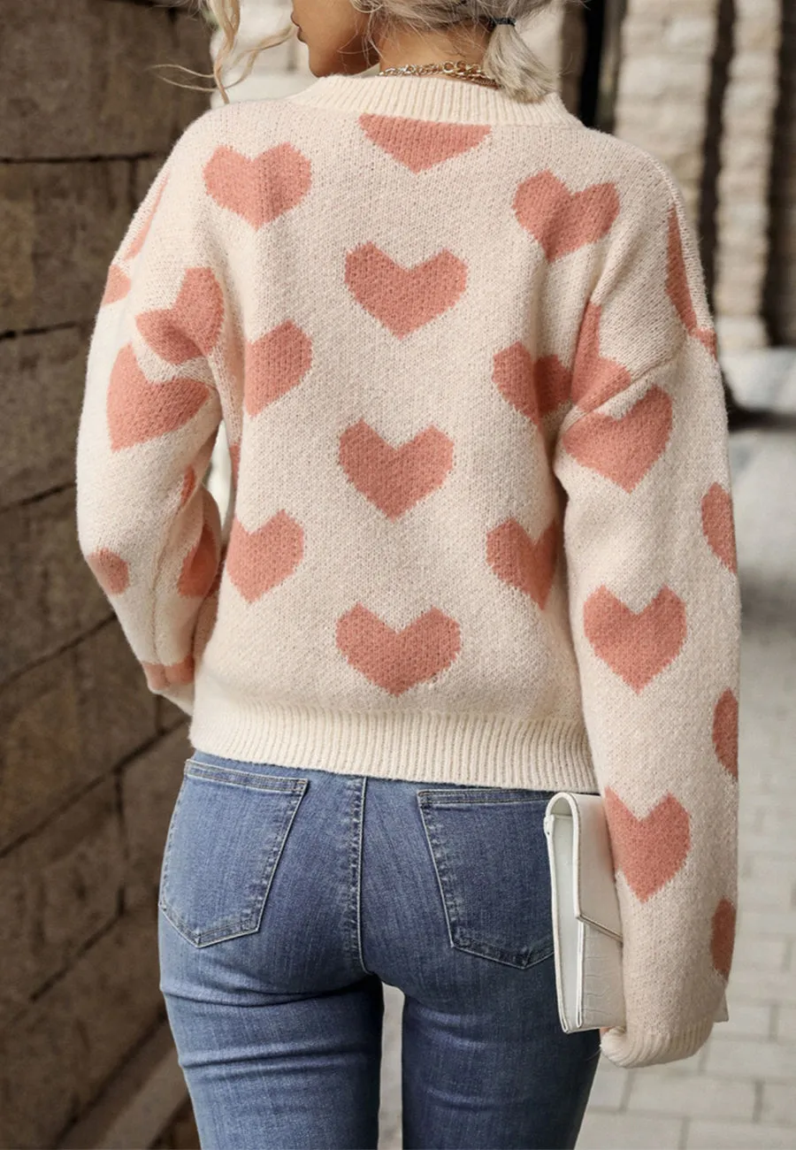 Heart Print Drop Shoulder Sweater