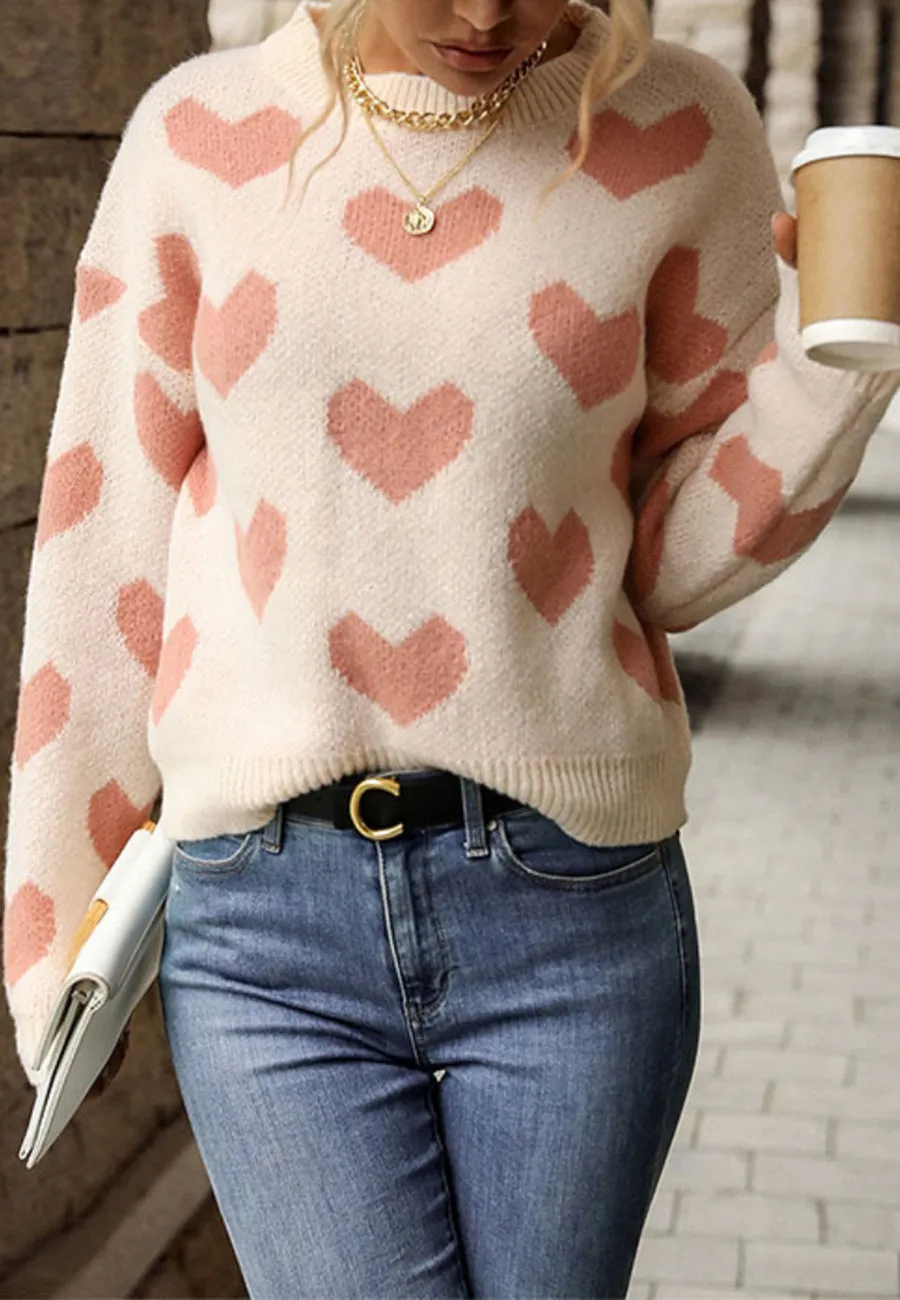 Heart Print Drop Shoulder Sweater