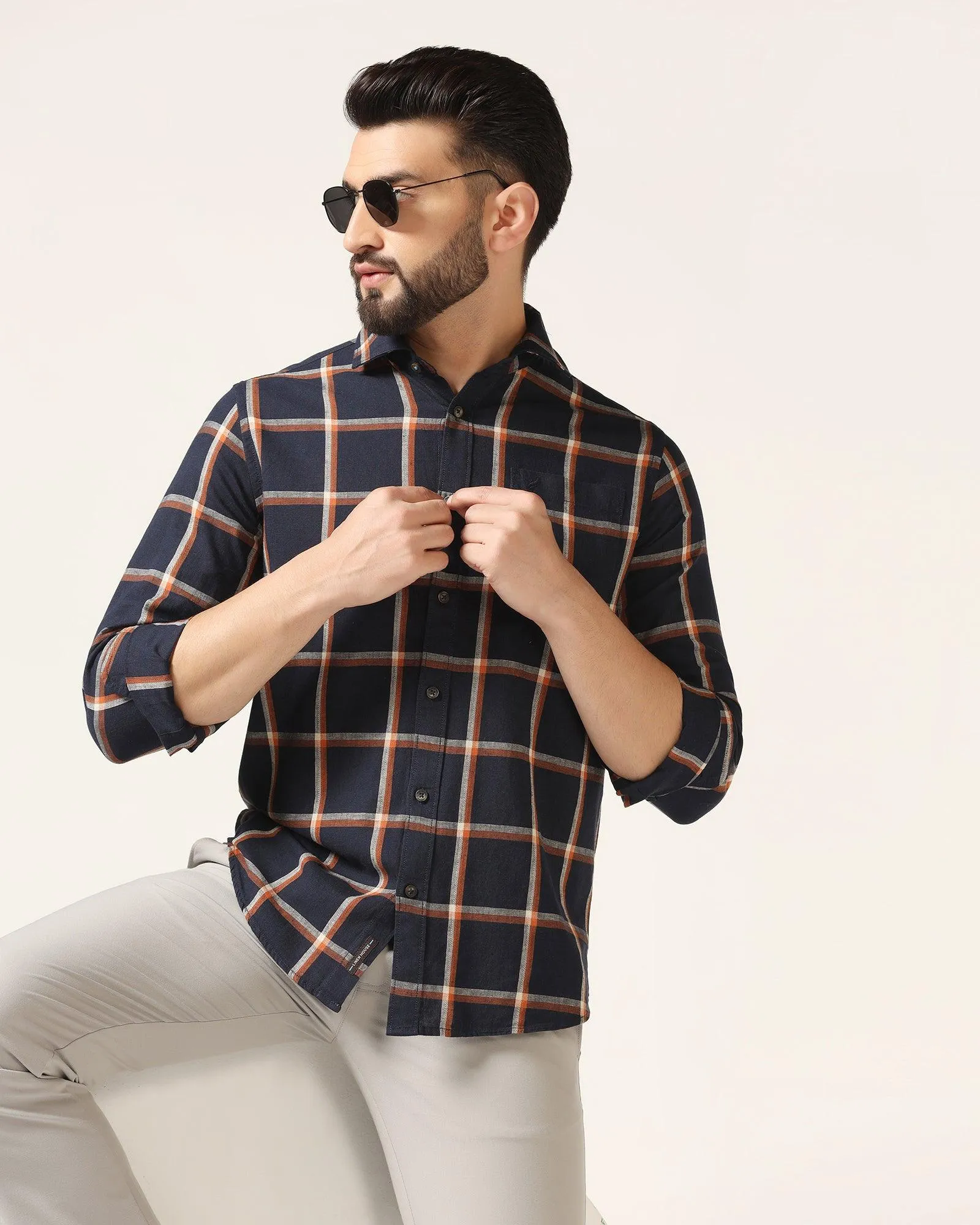 Linen Casual Navy Check Shirt - Albert