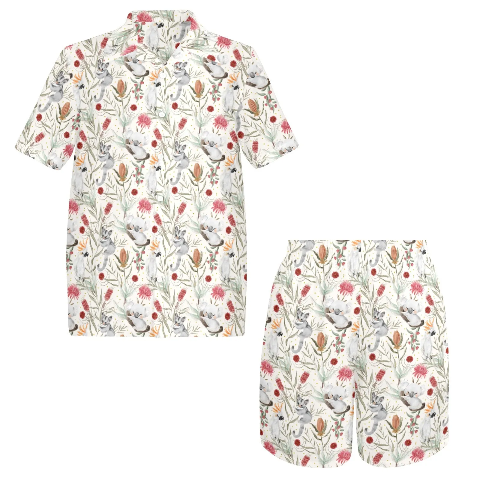 Men's Shirt & Shorts Set Australian Animals, Koala, Sugar Glider Men's Shirt and Shorts Outfit (Set26)