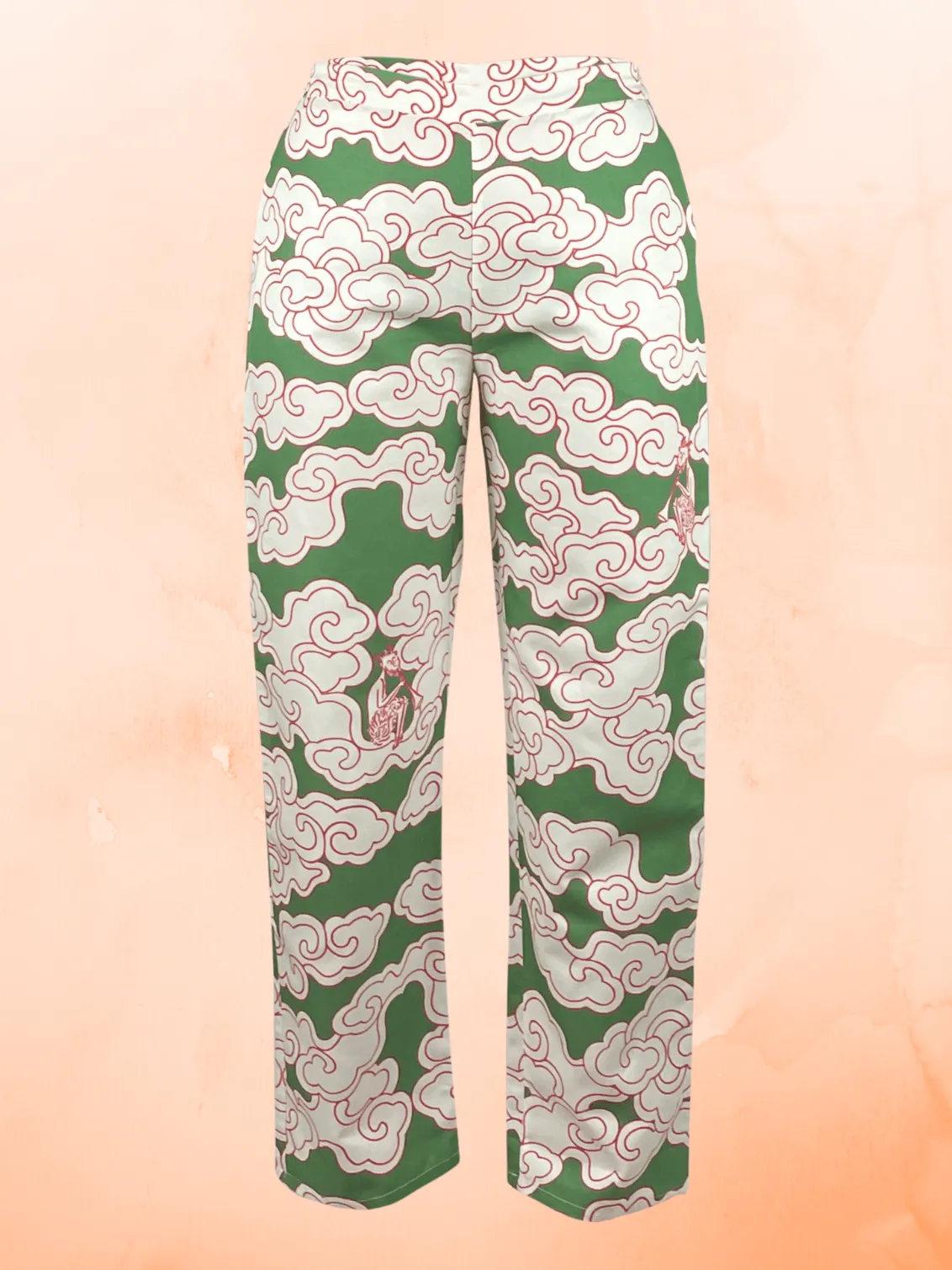 Organic Cotton & Linen Green Clouds Flat Front Elasticated Trousers by Wild Clouds