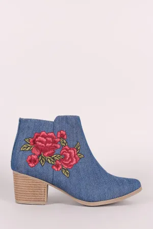 Qupid Denim Embroidery Floral Chunky Heeled Booties