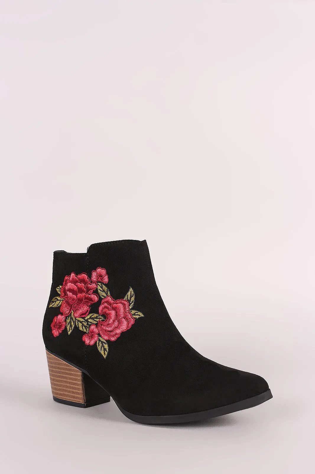 Qupid Suede Embroidery Floral Chunky Heeled Booties