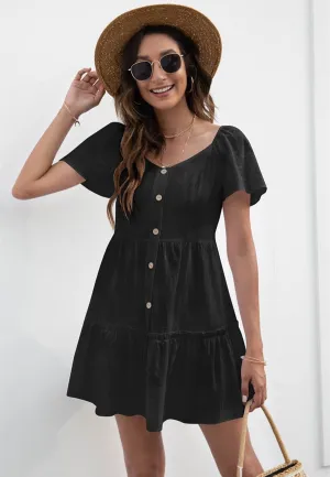 Solid Button Down Tiered Dress