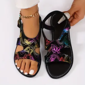 Stylish Womens Butterfly Print Flat Sandals - Slip-on, Lightweight, Open Toe, Synthetic Leather, PU Sole, Ankle Strap, Casual Summer Shoes for Comfortable Walking