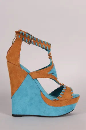 Two Tone Suede Whip Stitched Cutout Platform Wedge