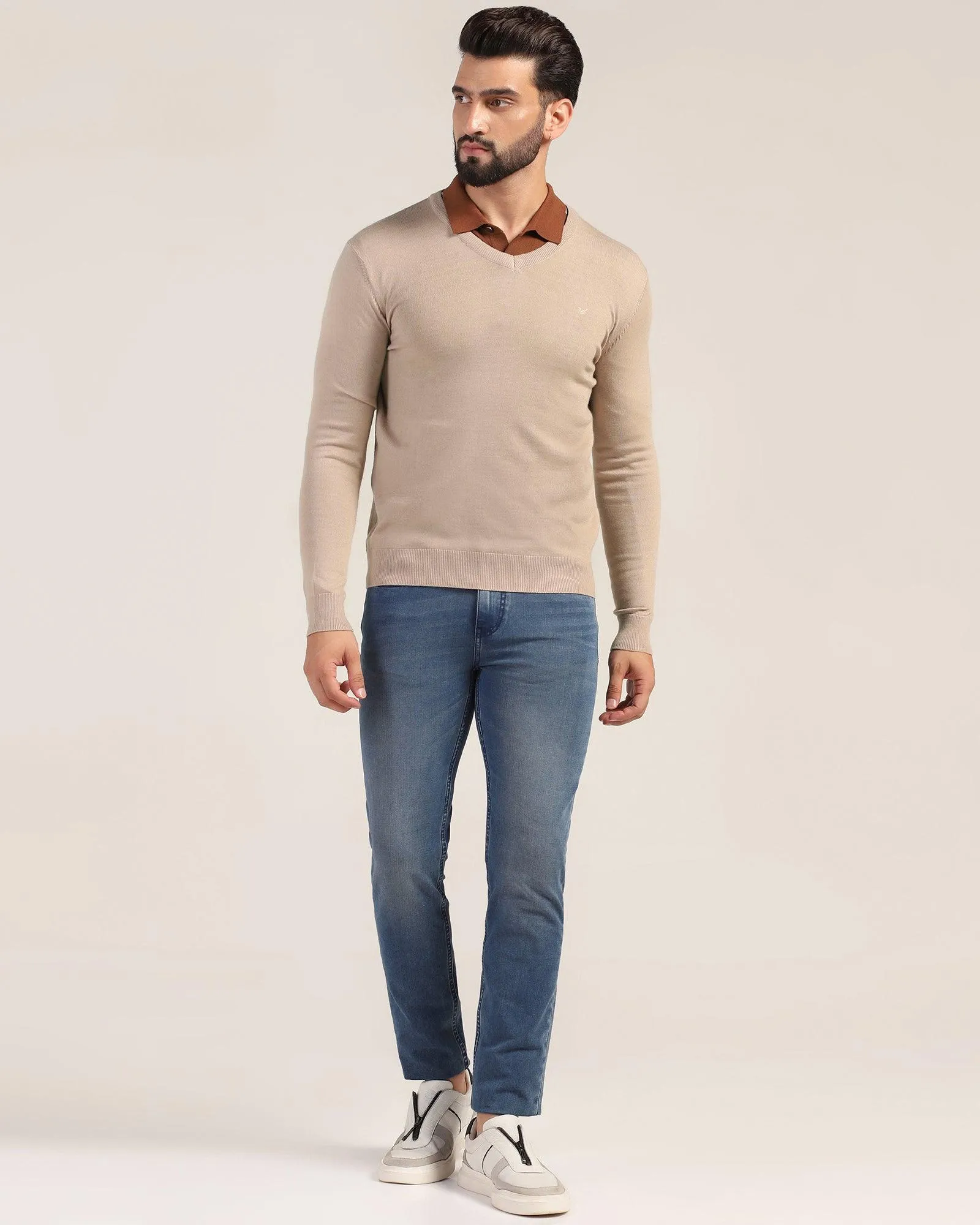 V-Neck Beige Solid Sweater - Ken