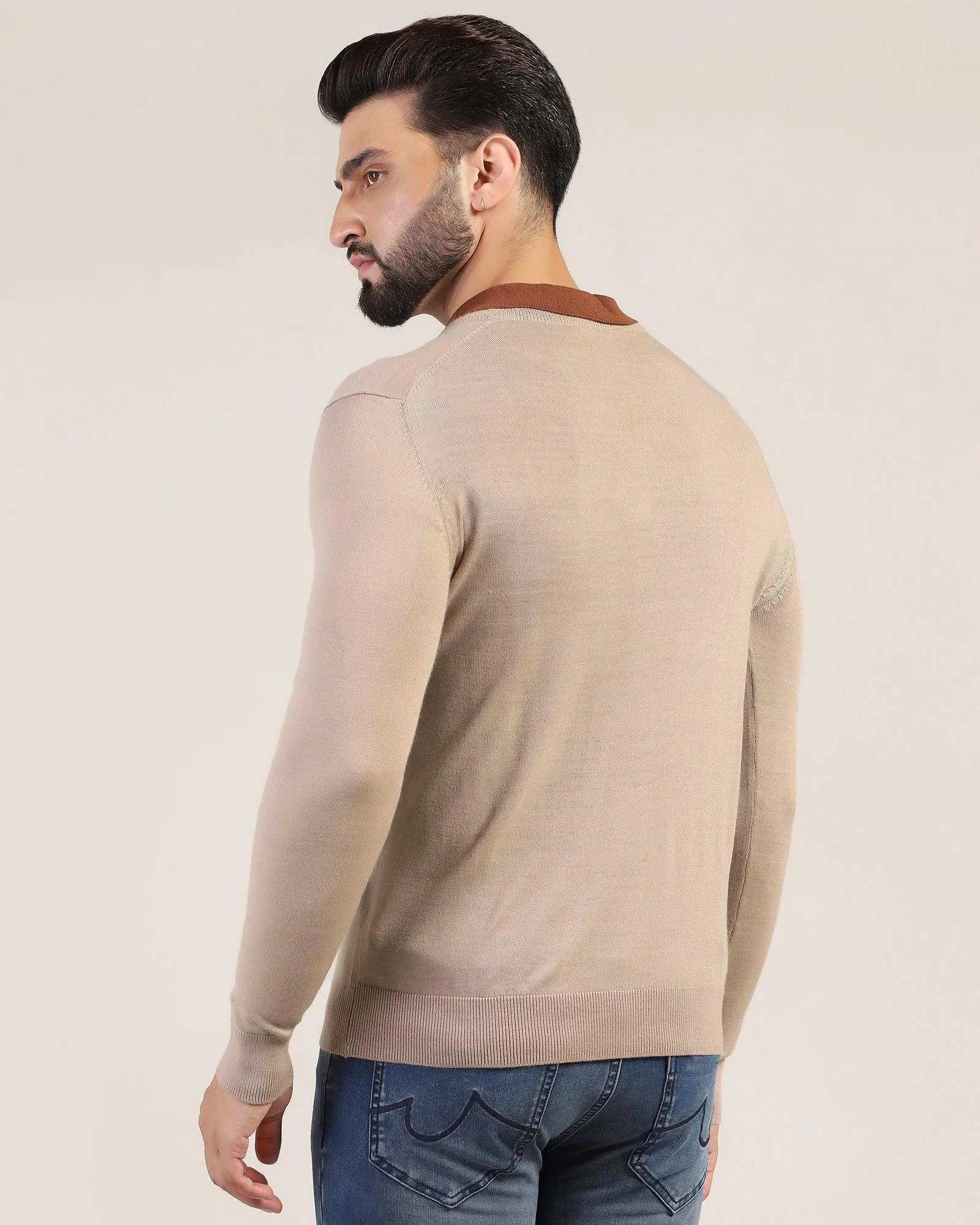 V-Neck Beige Solid Sweater - Ken