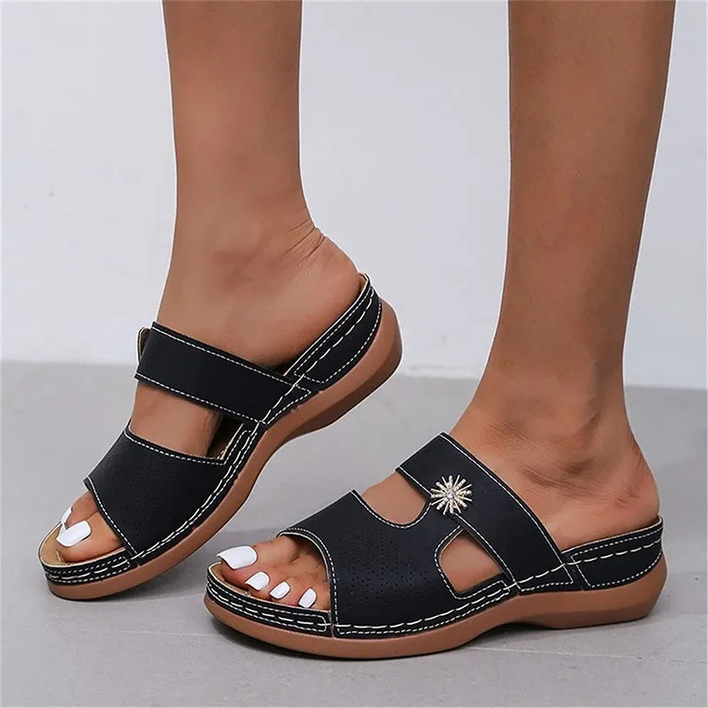 Womens PU Leather Embroidery Peep-Toe Thick Platform Hollow Slippers