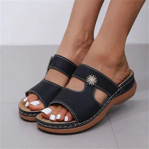 Womens PU Leather Embroidery Peep-Toe Thick Platform Hollow Slippers